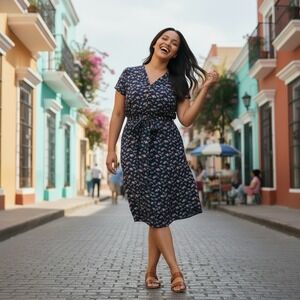 Anthropologie Maeve Blue Umbrella Novelty Print Button Up Dress Plus Size 20W